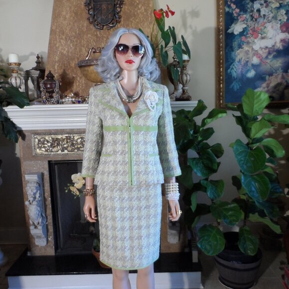 Douglas Hannant Light Green Houndstooth PatternTweed Skirt Suit Size 6 - Picture 4 of 16
